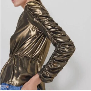 Zara Gold & Black Shimmer Metallic Long Sleeve Peplum Top Blouse Size Small S